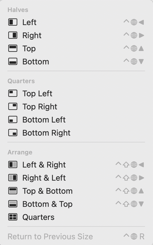 Move and Resize sub-menu Move and Resize sub-menu