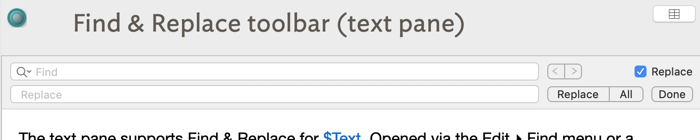 Find & Replace toolbar (text pane)