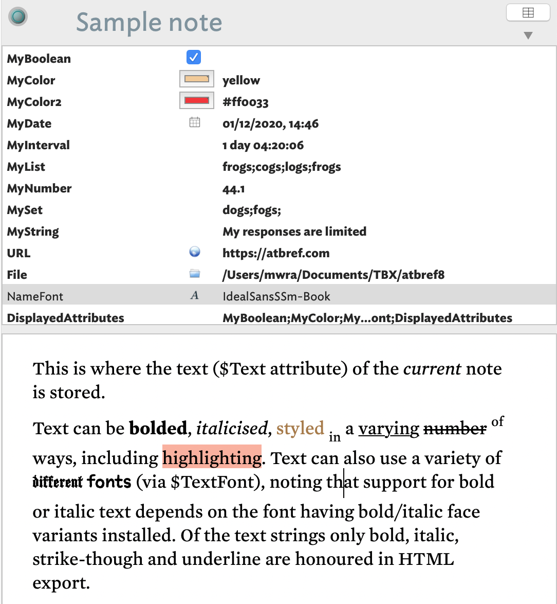 Displayed Attributes table