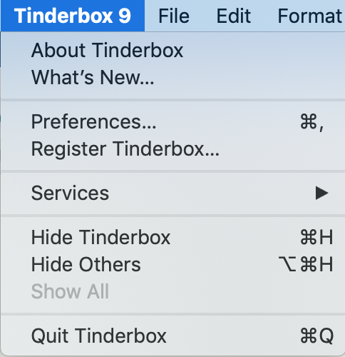 Tinderbox 9 menu