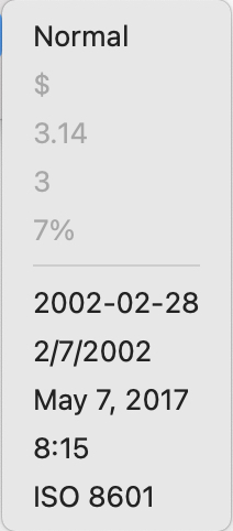 Table view column pop-up Format sub-menu Table view column pop-up Format sub-menu