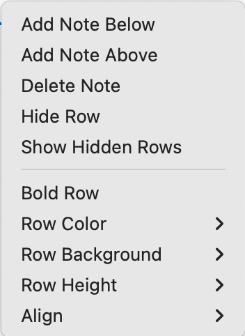 Table view row pop-up menu