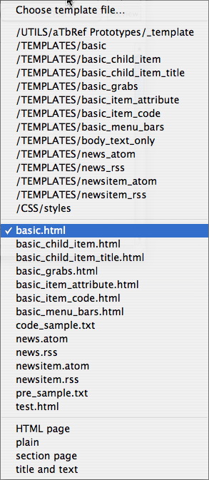 HTML Export View: Template pop-up menu