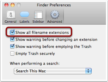 Showing/hiding filename extensions via Finder