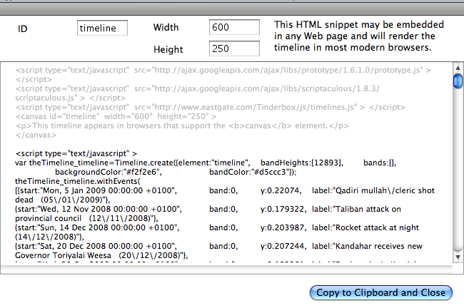 Timeline code export dialog