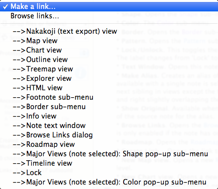 Note Window sidebar: Links pop-up menu