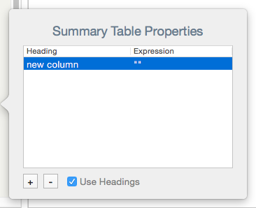 Summary Table Properties pop-over