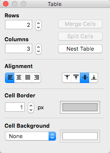 Table dialog